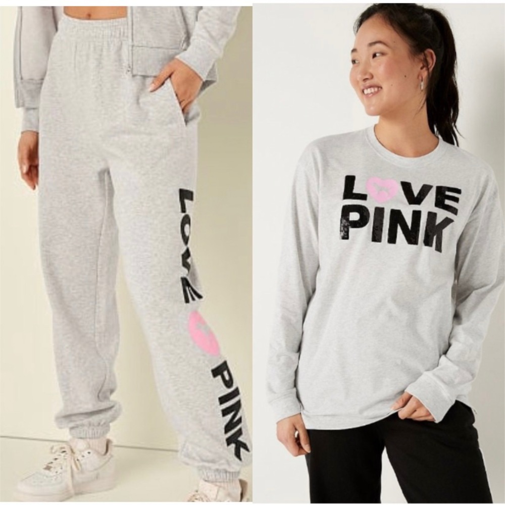 NWOT VS PINK ORIGINALS CAMPUS HEATHER GRAY BLING 2 PIECE SET JOGGERS AND T-SHIRT